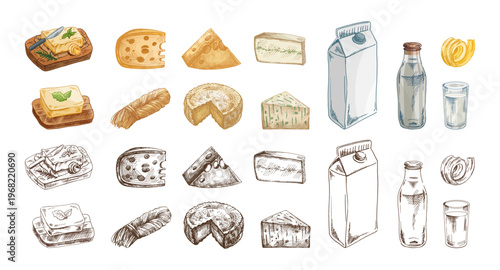 Hand drawn vintage sketch of dairy products set with butter cheese milk detailed colored and monochrome illustration collection