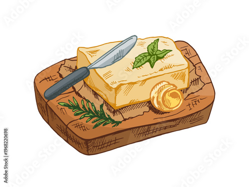 Hand drawn vintage sketch of butter block with knife on wooden board with herbs detailed dairy illustration