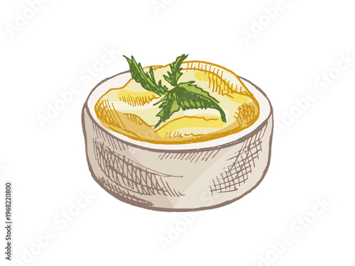 Hand drawn vintage sketch of butter in bowl with herbs detailed dairy food illustration for menu design