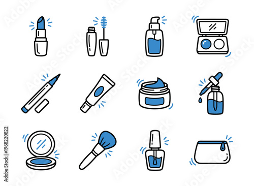 Collection of hand-drawn cosmetic icons for beauty and makeup routines