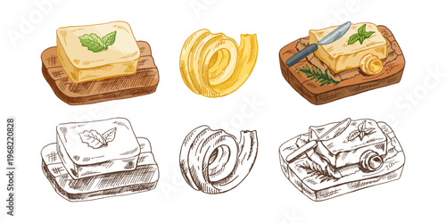 Hand drawn vintage sketch of butter block curl and butter with knife on board colored and monochrome illustration set