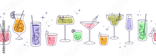 Modern cocktail drinks seamless border in line art with continuous arrangement of glasses beverages and garnishes for packaging wrapping paper menus website headers summer designs .Vector illustration