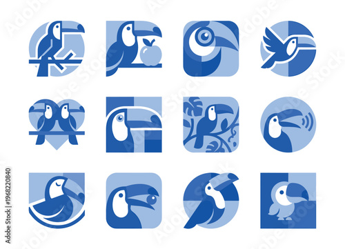Collection of stylized toucan icons in various poses and settings