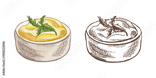 Hand drawn vintage sketch of butter in bowl with herbs colored and monochrome detailed dairy illustration set