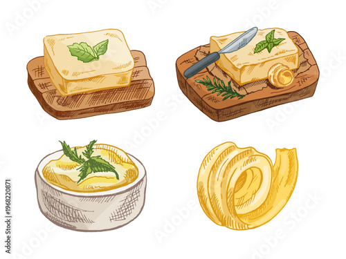 Hand drawn vintage sketch of butter block curl bowl and butter with knife on board detailed dairy illustration set