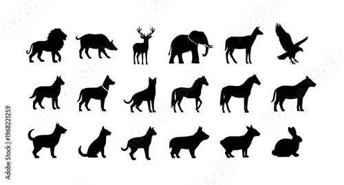 Animal silhouettes vector set with wild and domestic animals isolated in clean black shapes on white background