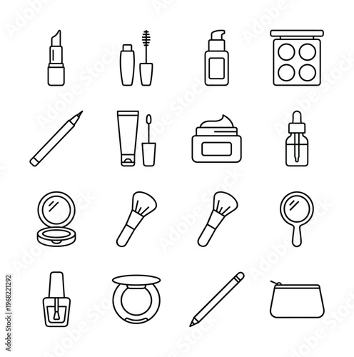 Collection of cosmetic icons representing makeup and beauty products for application and storage