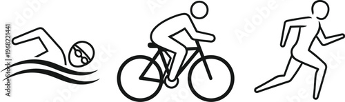 Simple black line vector graphic icons illustrating triathlon sports activities