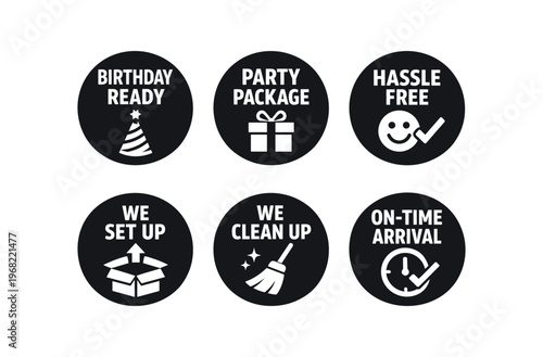 Party service badges icon set. birthday ready, party package, hassle free, we set up, we clean up, on-time arrival, event support, delivery and setup. line, flat and colored vector icon set.