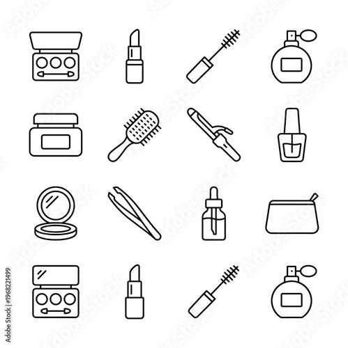 Collection of beauty and cosmetic product line art icons