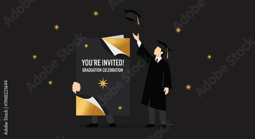 Graduation Celebration Invitation - Graduate Toss Cap, Black & Gold Design