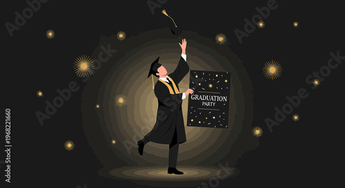 Graduation Celebration: Student Throws Cap, Holds Diploma, Festive Sparkles