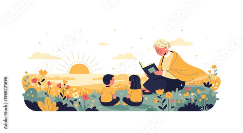 Grandmother Reading Story to Children in Blooming Meadow at Sunrise