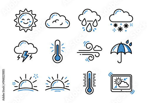 Collection of weather icons showing sun, clouds, rain, snow, lightning, wind, and thermometer
