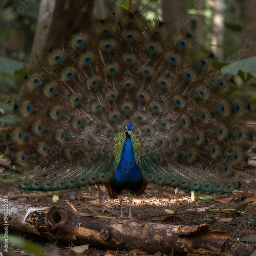 Male Congo Peafowl on forest log