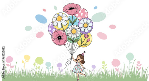 Girl Holding Flower Balloons in Meadow, Birthday Celebration Illustration