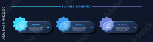 Modern business infographic template featuring 3 step workflow with icons and glassmorphism gradient style. Clean layout on dark background