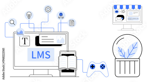 E-learning, education technology, digital content creation, online courses, user interfaces, gamification tools. Computer screen with LMS elements, a desktop interface, and a game controller