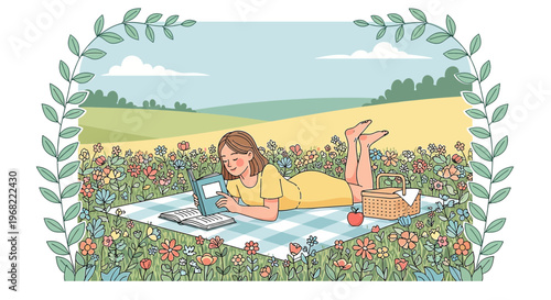 Girl Reading Book on Picnic Blanket in Flower Meadow