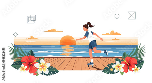 Girl Rollerblading at Sunset on Tropical Beach with Hibiscus Flowers