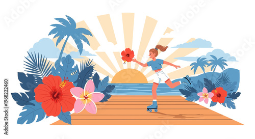 Girl rollerblading on pier with tropical flowers and ocean sunset