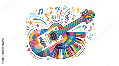 Colorful Guitar with Music Symbols.