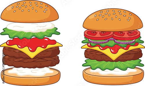 Vector graphic illustration showing two exploded view hamburgers ingredients