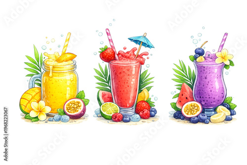 tropical smoothie, smoothie overload, fresh fruit smoothie, tropical fruit drink, colorful smoothie illustration, fruity tropical beverage, summer smoothie art, smoothie with fresh fruits, tropical sm