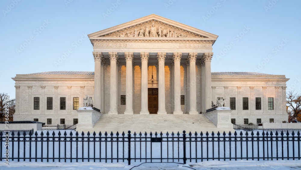 Fototapeta premium Quiet Winter Night Highlights Courthouse, Silent Frosty Night With Illuminated Historic Court, Tranquil Winter Dusk Casting Warm Light Over Historic Courthouse Amidst Icy Scenery