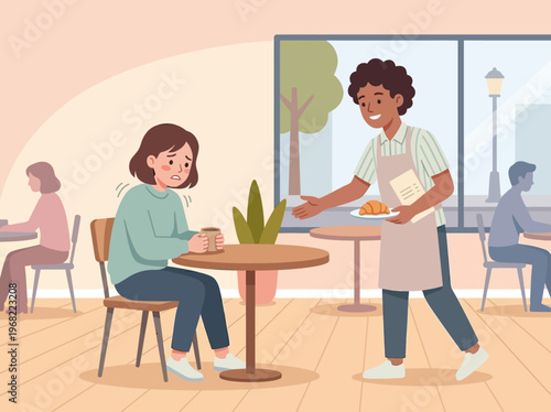 Anxious Woman in Cafe Reacts to Friendly Server Offering Food, Illustrating Social Interaction Scenario