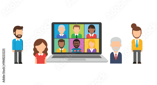 Family video call on laptop screen flat vector illustration
