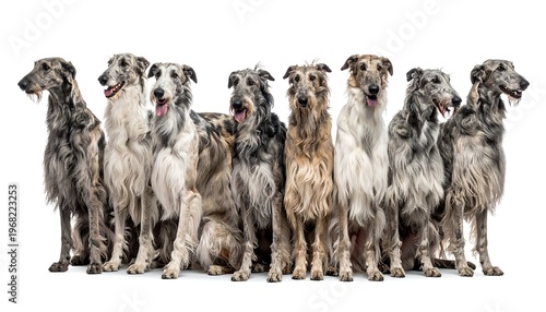 A group portrait of eight slender, long-haired dogs, posed closely together against a plain white backdrop. They appear attentive