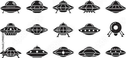 Diverse black silhouette UFO icons, showcasing various mysterious flying saucer designs. Graphic illustrations symbolizing extraterrestrial encounters, unknown phenomena, and futuristic space travel