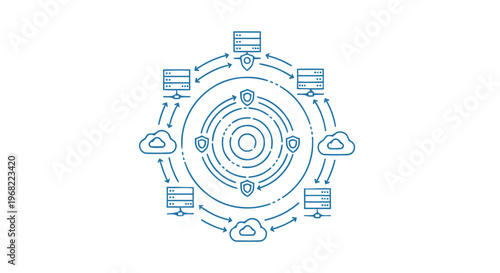 Abstract Data Network with Servers and Clouds Illustration.