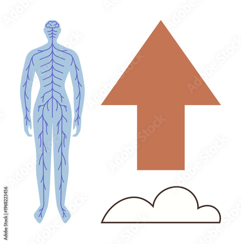 Healthcare, neurology, anatomy, personal development, motivation, innovation. Human nervous system in detail alongside an upward arrow and a cloud. Healthcare and personal development