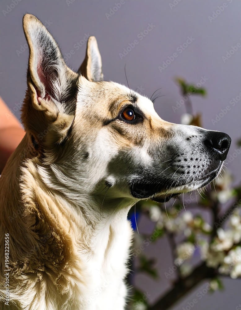 Obraz premium Close-up side profile of a dog with tan and white fur, brown eyes, and a black nose, with a branch and light background