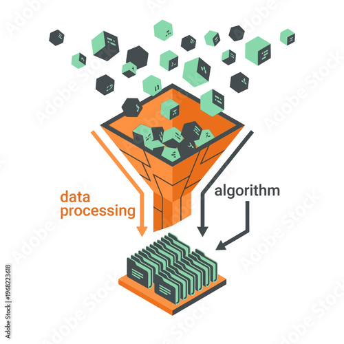 Conceptual illustration of data processing and algorithmic transformation, showing raw digital information being funnelled and organized into structured outputs for analysis and insights