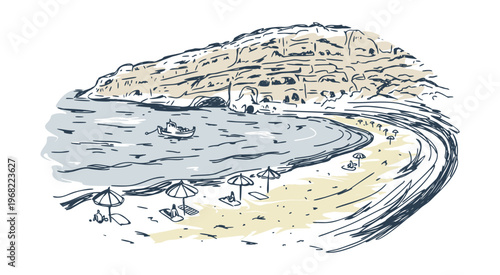 Matala beach. Crete. Greece. Handdrawn coastline. Vector illustration