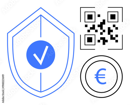 Digital payments, online security, data verification, currency transactions, technology integration, fraud prevention. A shield with a checkmark, QR code and euro symbol. Online security and data