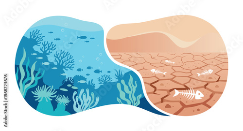 Environmental degradation showing ocean ecosystem contrasted with dry cracked earth, climate change concept