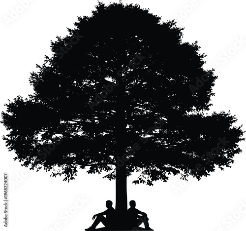 The serene silhouette of a magnificent tree provides a peaceful sanctuary for two individuals seeking quiet solace and a connection with nature's enduring beauty