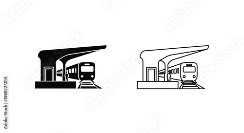 Train station with arriving train depicted in a bold silhouette