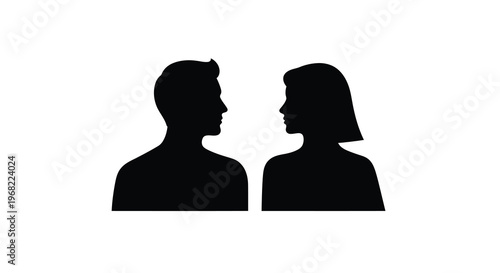 A man and woman facing each other in stark black silhouette