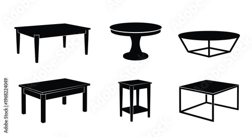 Six different table designs presented as a stark black silhouette