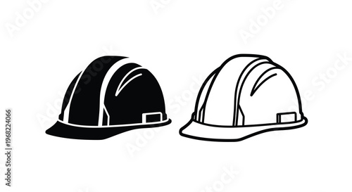 Two construction helmets displayed in a stark black and white silhouette