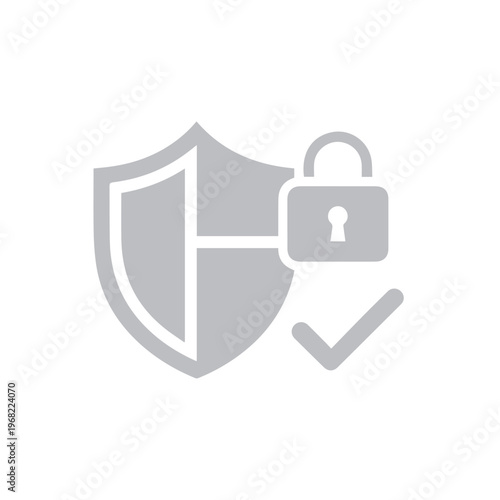 Monochromatic shield symbol with a padlock and checkmark signifies data privacy and access.