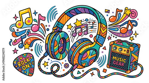 Colorful Headphones with Music Symbols.