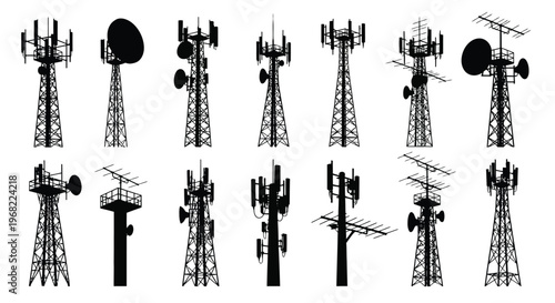 Collection of communication towers in a stark black silhouette