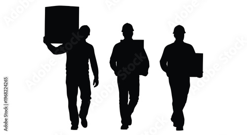 Three workers carrying boxes depicted as a dark silhouette
