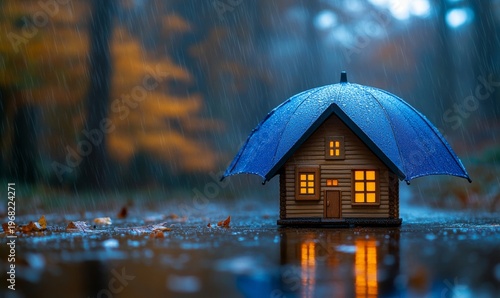 house sheltered under a blue umbrella in the rain, symbolizing insurance and protection, set against a blurred outdoor background, Generative AI